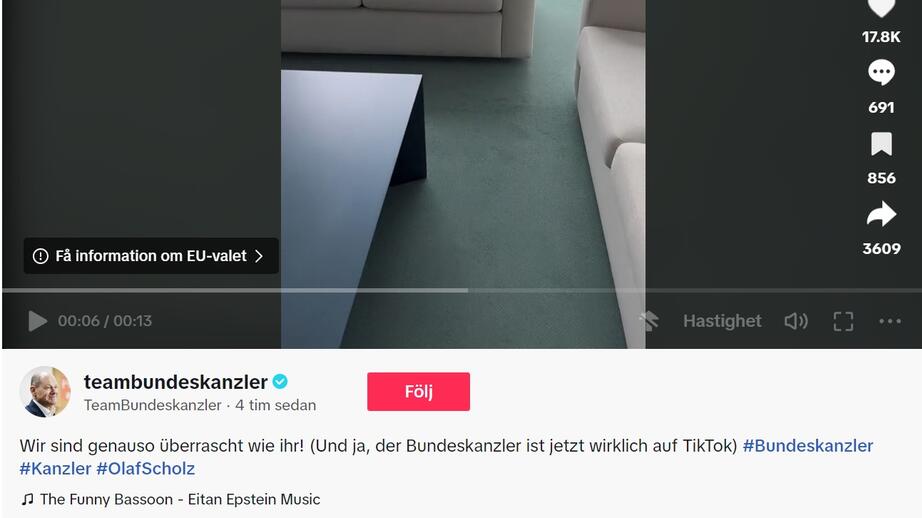 Olaf Scholz nya tiktok-video på kontot @teambundeskanzler