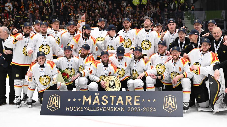 Brynässpelare poserar för en lagbild efter avancemanget