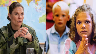 1984 satte sig kronprinsessan i sitt allra första klassrum på Smedslättskolan i Bromma.. Foto: t.v. Henrik Lundqvist Rådmark/Försvarsmakten, t.h. Jan Collsiöö/TT