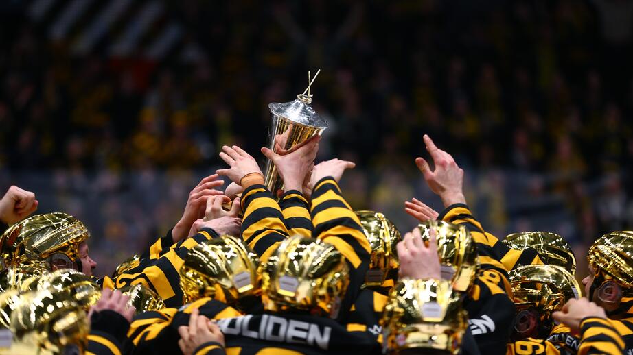 Skellefteå AIK iklädda guldhjälmar efter vinsten mot Rögle