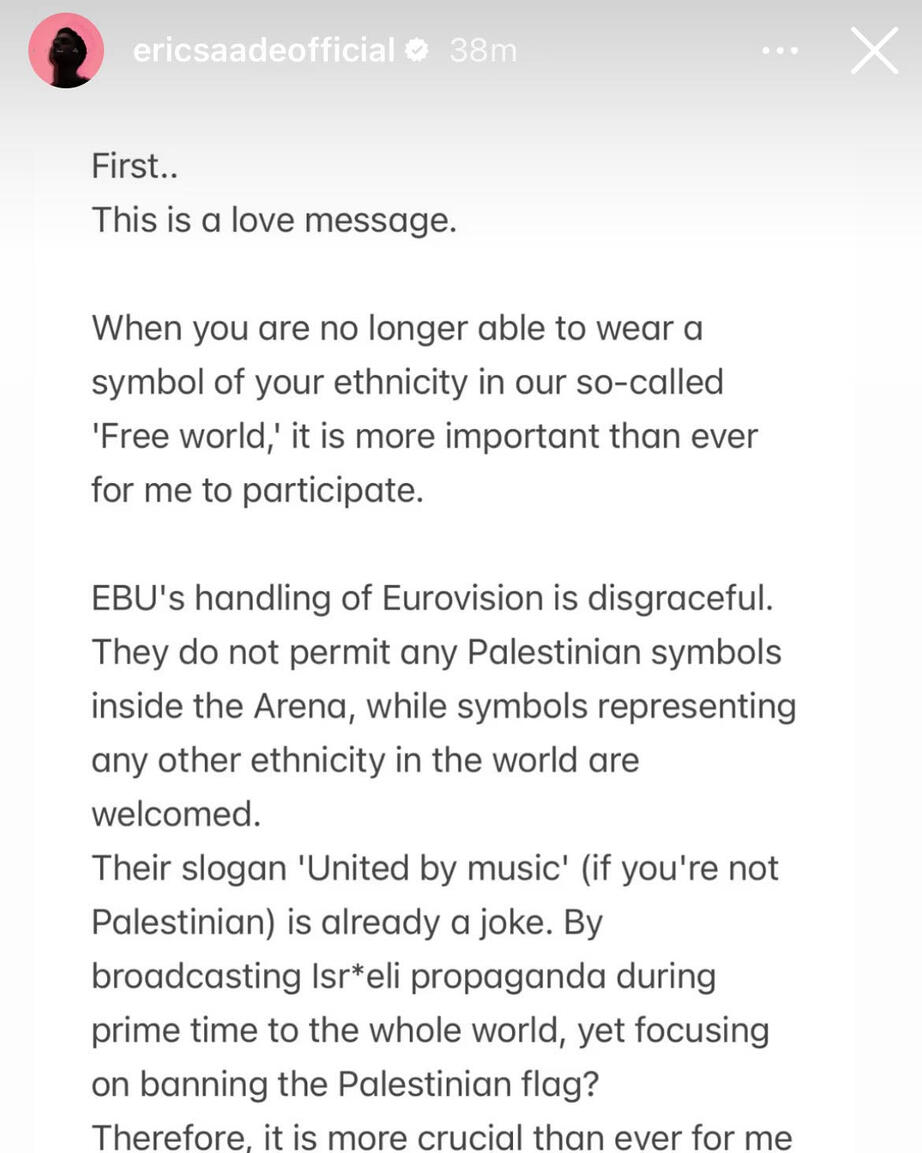 På instagram delade Eric Saade sina åsikter angående Eurovisions riktlinjer kring förbud av Palestinska flaggan inne i arenan.