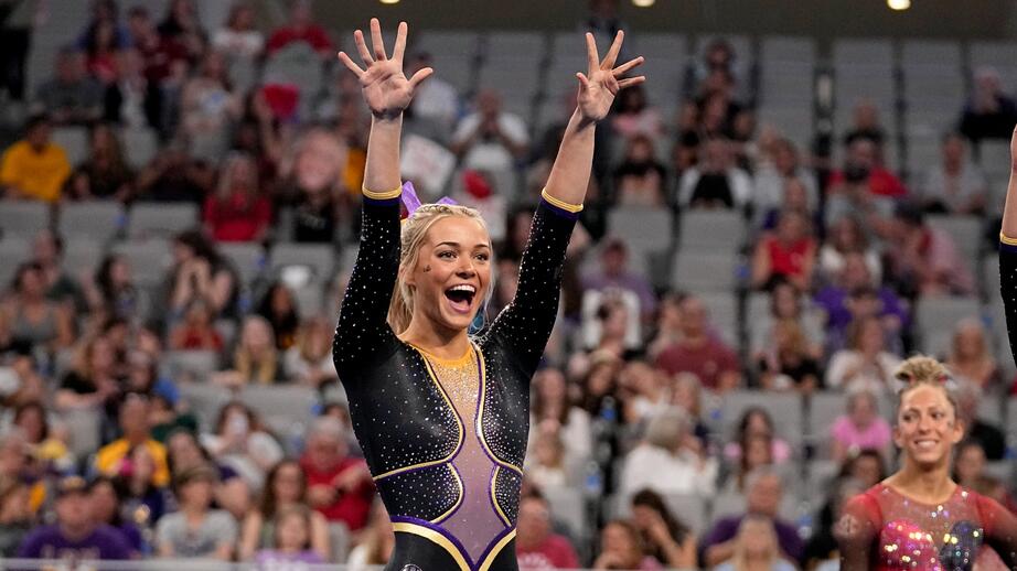 Olivia Dunne under NCAA women's gymnastics tournament, 2024. 
