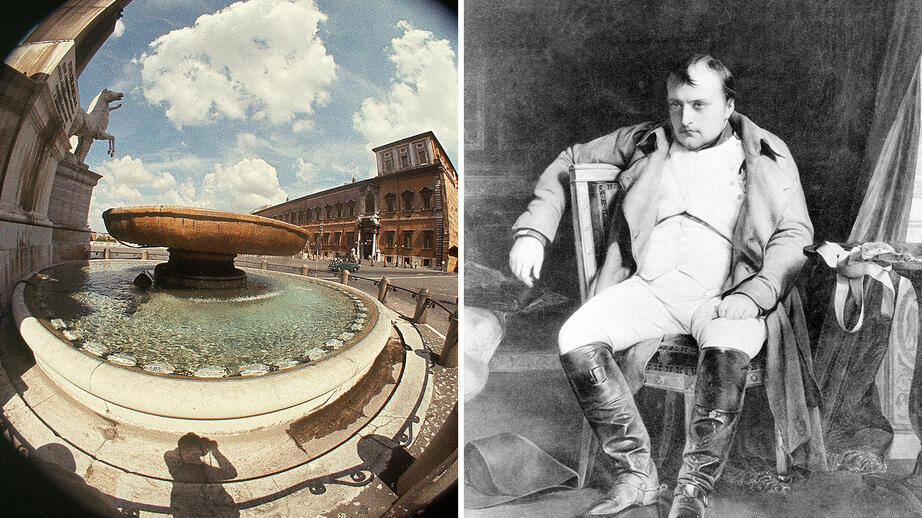 Kejsare Napoleon (höger) säger sig inte ha haft något med kidnappningen 1809 av påve Pius VII från Quirinalpalatser i Rom (vänster).