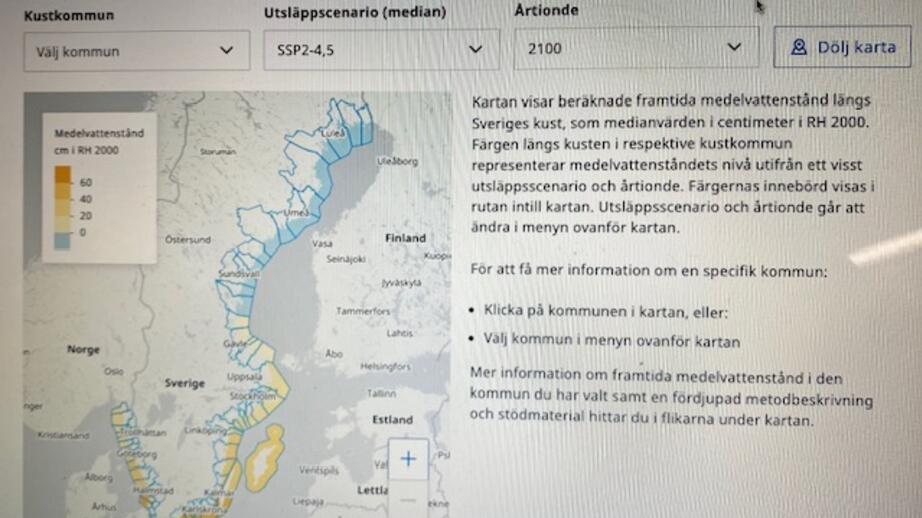 Kartan visar beräknande framtida medelvattenstånd längs Sveriges kust.