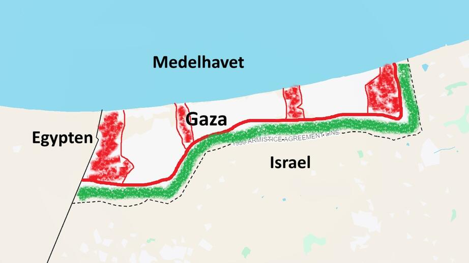 Skiss över kartan som läckts till The Sunday Times. Röda områden är militärzoner. Gula områden däremellan är civila zoner. Det gröna området är en ny och utökad buffertzon mot Israel. Den streckade linjen är gränslinjen som den har sett ut fram till idag.