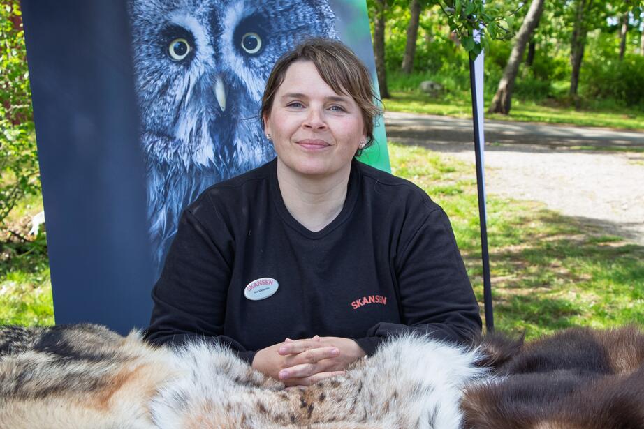 Ida Valentin från Skansen sitter med tre pälsar från varg, lodjur och järv. Pälsarna kommer från djur som dött inne i djurparken och används i utbildningssyfte.